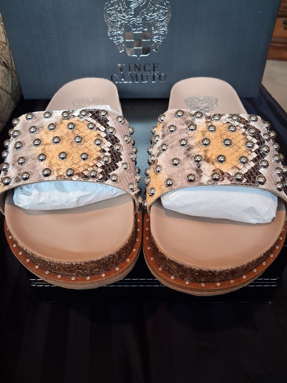 Vince Camuto Rose Gold Studded Snake-Embossed Slide Sandal